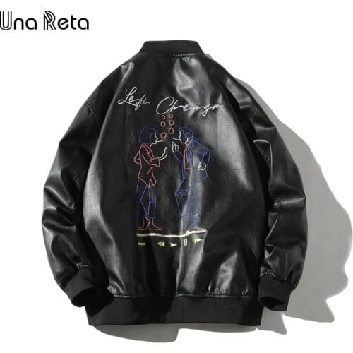 Una Reta Pu Leather Jacket Men New Autumn Zipper Streetwear Mens Leather Jacket Back Embroidery Hip Hop Biker Jacket