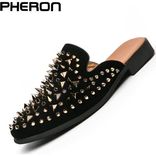 Summer Men Casual Shoes New Cool Slippers for Male Gold Black Loafers Men Half Slippers Anti-slip Flats Slippers Mules Zapatos