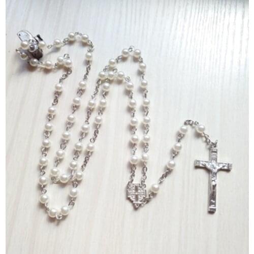 Fashion Pearl Jewelry Virgin Mary Rosary Necklace Vintage Religious Cross Jesus Pendent For Women