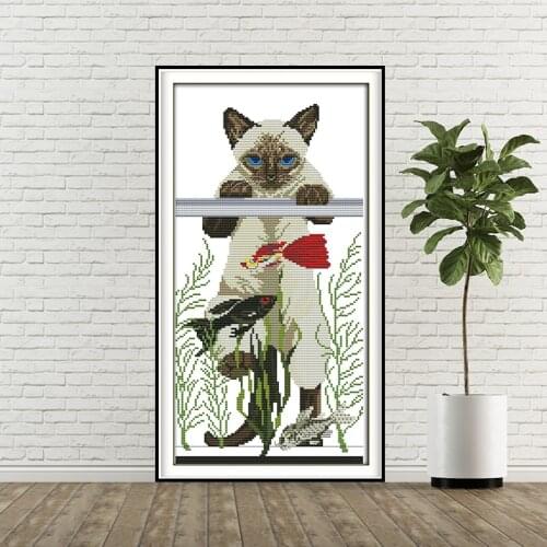 Cross Stitch Kits Embroidery Needlework Sets Stamped Cross Stitch 11ct Printed Cat Loves Fishes Patterns Home Decor Cross Stitch