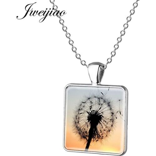 JWEIJIAO Dandelion Necklace Color Square Shape Glass Cabochon Time Gems Pendant Necklace Gift Jewelry DA38