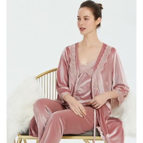 Sleeping Pyjamas 3 Pieces Night Women Sleepwear Autumn New Golden Velvet Warm Suits Women Autumn Pajamas Pink Home Suits