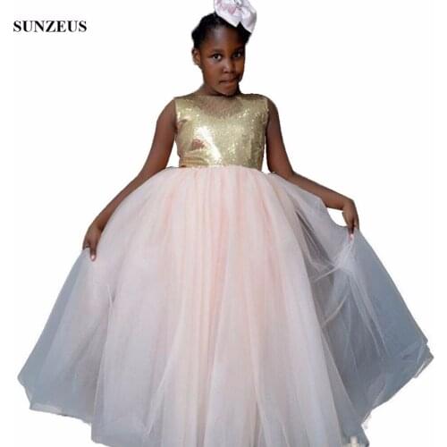 Gold Sequins Flower Girls Dress Puffy Tulle Long Wedding Party Gowns African Children Dress For Party FLG026
