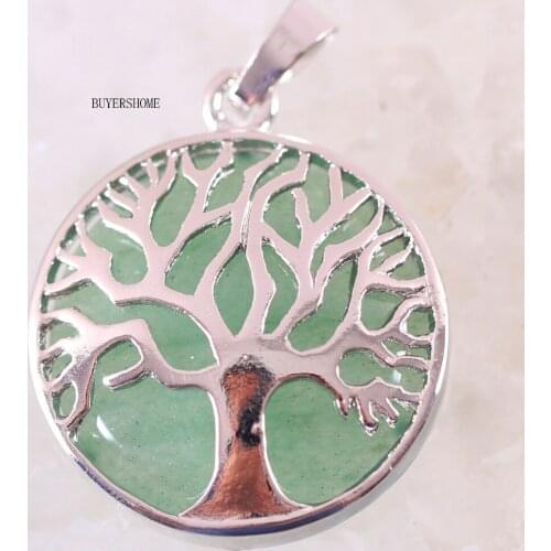 Silver Color Tree of life Round Natural Stone Bead Green Aventurine Necklace Pendant 1Pcs K421