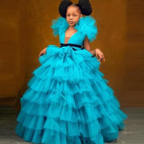 Stunning Blue Ruffles Tulle Ball Gowns For Birthday Party Long Pageant Dresses Tiered Flower Girl Dress