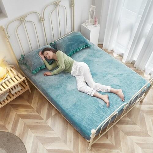 Blue Elastic Band Fitted Sheet Crystal Velvet Bed Linen Mattress Cover Solid Color 1pcs Winter Warm Soft Queen 180x200cm