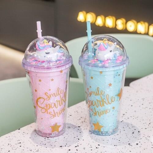500ml Korean Unicorn Cartoon Straw Cup Creative Large-capacity Double-layer Plastic Water Cup Summer Cold Drink Mugs