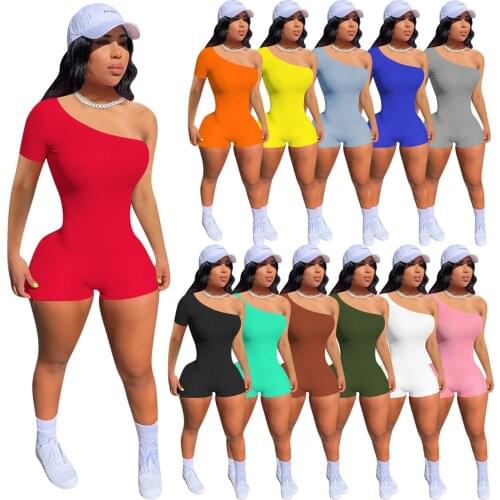 Rib Knit Rompers Strapless One Shoulder Short Sleeve Package Hip Skinny Joggers Sports Fitness Casual Summer Overalls