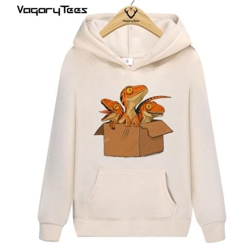 Vagarytees 2021 Autumn streetwear Little dinosaur print Hoodies Mens Adopt a baby raptor Hip hop Hoodies Sweatshirts