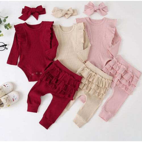 Spring Autumn Baby Girl Clothes Solid Color Baby Girls Sets Cotton Long Sleeve Tops+Pant+Scarf Newborn Clothing 6-24 Months