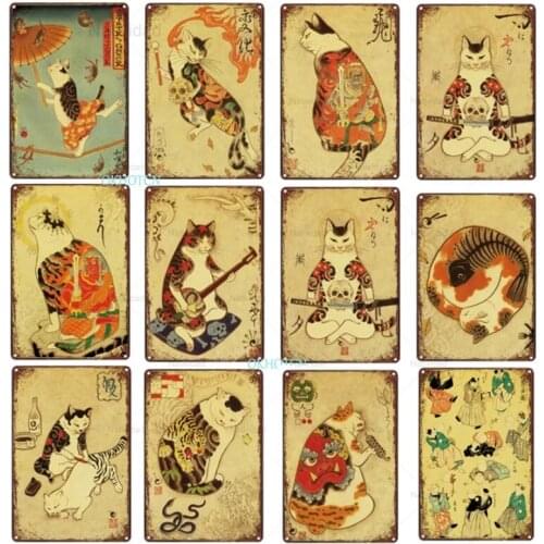 Vintage Cute Cartoon Animals Iron Plate Japanese Style Cat Metal Tin Signs Poster Plaques Restaurant Room Home Wall Decor Gift