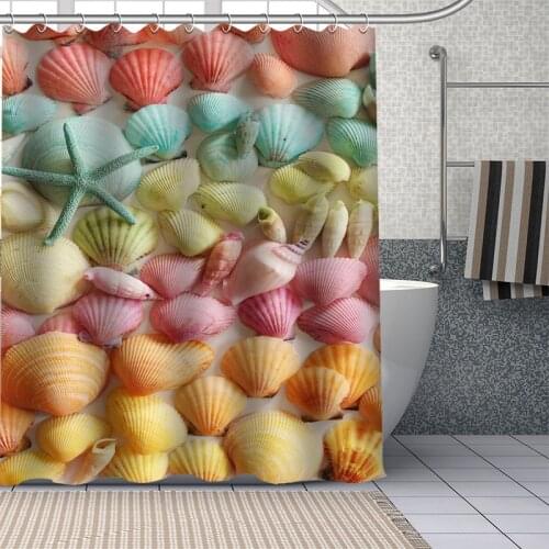Custom High Quality Seashells Starfish Shower Curtain Waterproof Bathroom Polyester Fabric Bathroom Curtain With Hooks