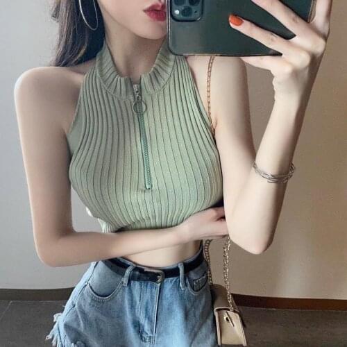 Women Tanks Tops Knitted Vest Womens Summer Tight Zipper Sleeveless Top Camis Crop Top For Women