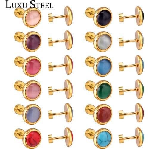 LUXUSTEEL Hot Wholesale Earrings 12pairs/lots Colorful Stone Screw Stud Earring Fashion Jewelry Female Bijoux 10mm