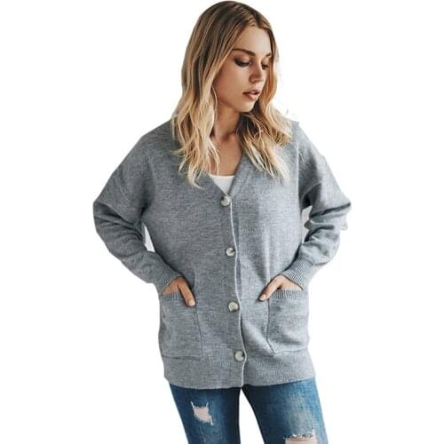 Korean Knitted Cardigan Sweater Coat Women Autumn Winter Casual V-Neck Double Pocket Design Cardigan Ladies Sweaters Top