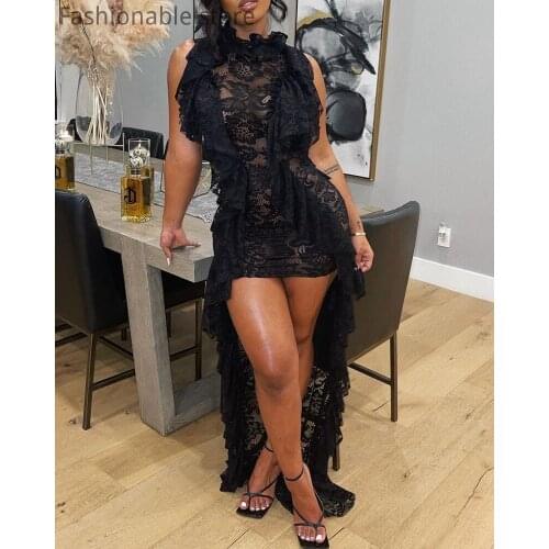 Women Mesh Ruffles Crochet Lace Dip Hem Asymmetrical Maxi Dress