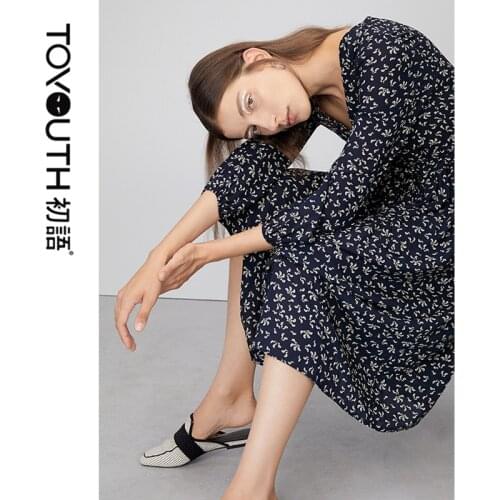 Toyouth Sping Summer V-Neck Small Flowers Printed Dress Female Long Lantern Sleeve Chiffon Dresses For Women