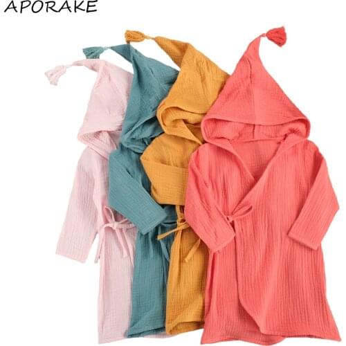 2021 1-5Y Toddler Baby Girl Boy Robes Spring Solid Color Tassel Hat V Neck Long Sleeve Bandage Bathrobe Cotton Linen Sleepwear