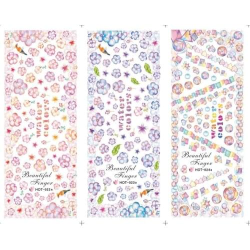 3 Sheet/Lot Dreamy Watercolor Stickers Small Fresh Flower Butterfly Sticker DIY Slider For Manicure Nail Art Watermark Manicure