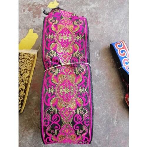 9.3cm 93mm 3-3/4' Delicate Beautiful Hot Pink Filigre Golden Folk Ethnic Webbing Curtain Laciness Woven National Jacquard Ribbon