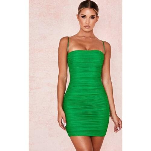 BEAUKEY 2020 Autumn New Arrival Green White Red Purple Sexy Spaghetti Bodycon Dresses Women Organza Mesh Vestido Party Club