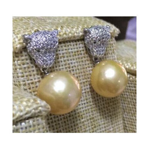Free shipping luxury Noble jewelrynew hugea pair of round13-14mm south sea gold dangle pearl earring 925s