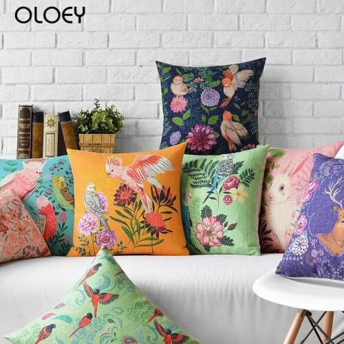 Flowers Birds Pattern Cushion Cover Floral Cotton Linen Pillow Cover Home Decorative Pillowcase Office Sofa Square Cushion Cover
