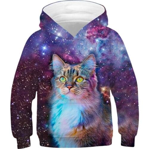 Kids Boys Girls Cat Print Hoodies UFO Digital Printing Character Sweatshirts Children Autumn Winter Cotton Tops Age For 5-14Y
