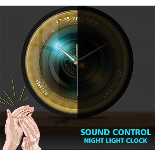 Photography Zoom Color Photo ISO Exposure Personalized Sound Activated Wall Clock Camera Lens LED Night Light Cameraman Gift