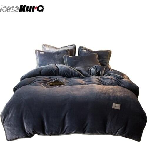 Thickened Milk Velvet Four-piece Winter Coral Bed Linen Three-Dimensional Contrast Color Edging Double-Sided Plus Quilt Cover
