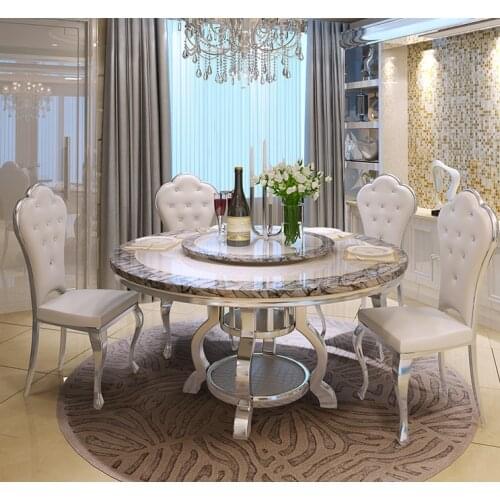 European marble round dining table is simple and modern, 10 people with turntable dining table stainless steel dining table and