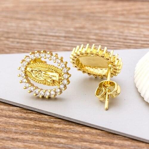 Hot Sale 28 Styles Classic Virgin Mary Stud Earrings For Women Crystal Copper Zircon Micro Pave CZ Gold Filled Jewelry Gift