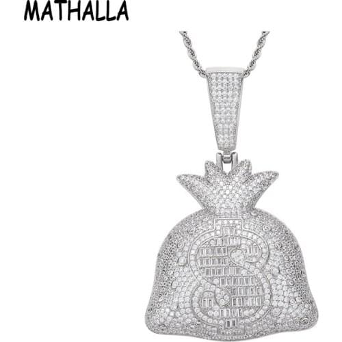 MATHALLA Hip Hop Jewelry Dollar Wallet Pendant Necklace with Zircon Real Gold Electroplating with Rope Chain Men’s Jewelry