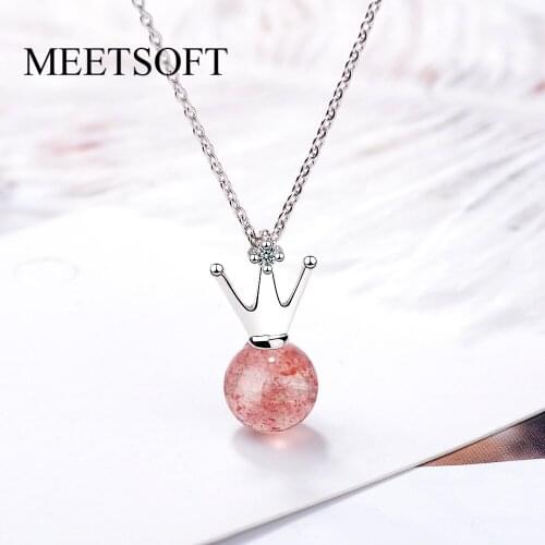 MEETSOFT Trendy 925 Silver Cute Pink Beads and Zircon Crown Choker Necklace Chain Party wholesale Accessory Fine Jewelry Gift