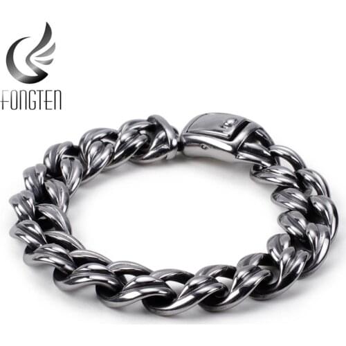 Fongten Biker Men Cuban Link Chain Bracelet Stainless Steel Heavy Punk Bracelets Male Fashion Jewelry