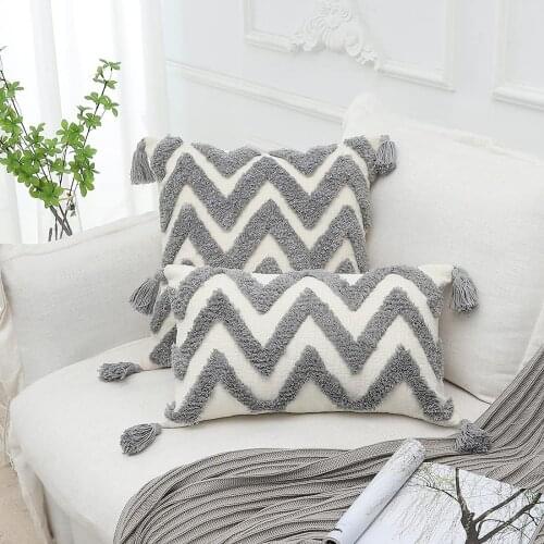 Boho Gray Lumbar Throw Pillow Cover 60x60cm Tassels Striped Tufted Cream Chenille Fabric Small Accent Textured Cushion Case