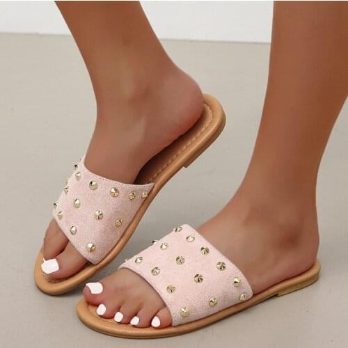 Sandals women 2021 new comfortable casual shoes rivet sequined womens slippers fashion outer wear flat bottom drag slides