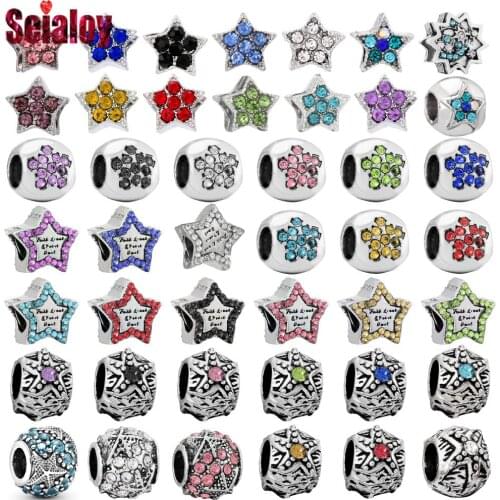 Seialoy 12 Color Rhinestone Star Beads Starfish Big Hole Silver Color Beads Fit Diy Bracelets Jewelry Making Accessories