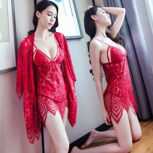 Sexy lace nightwear transparent sling sexy lingerie pajamas nightdress hot underwear sex three-point Bikini with Coat for women