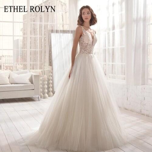 ETHEL ROLYN Sexy Backless Tulle Wedding Dress 2021 Romantic Beaded Lace Appliques Beach A-Line Bride Dress Boho Vestido De Noiva