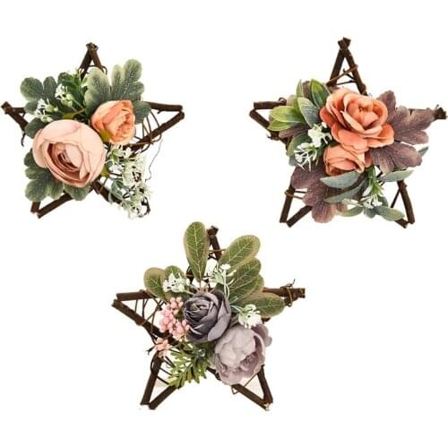 Artificial Flower Wreath Wooden Star Faux Hanging Garland Christmas Party Decor