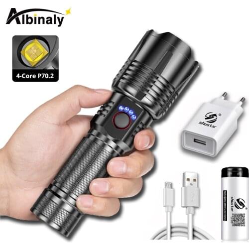 Waterproof LED Flashlight Powerful XHP70.2 18650 Torch USB Rechargeable Camping Lantern with Power Display Zoom Bicycle Light