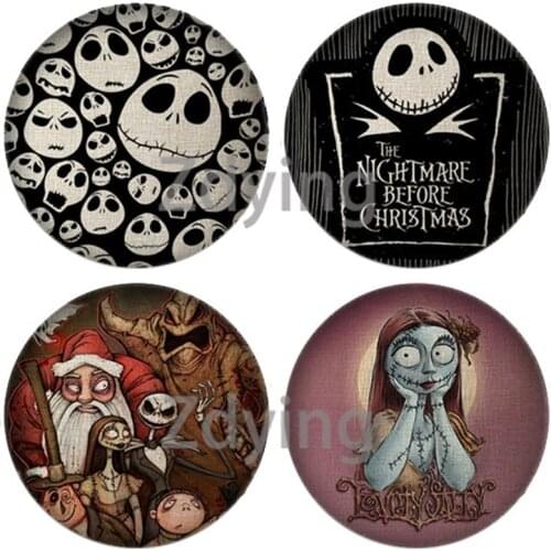 Zdying Halloween Cartoon Skull Printed Glass Picture Cabochon Dome Nightmare Before Christmas DIY Pendant Jewelry Findings