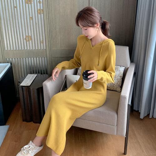 Women 2021 Spring Autumn Hooded Long Sleeve Sweater Dress Female Loose Knitted Casual Solid Dresses Ladies Chic Vestidos A675