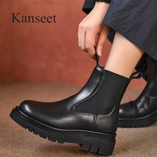 Kanseet Women Boot Round Toe Wedge Genuine Leatehr High Heel Shoes 2020 Winter New Elastic Platform Thick Motorcycle Boot