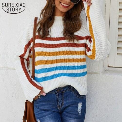 2021 Autumn New Womens Striped High Waist Loose Pullover Women O-Neck Long Sleeve Short Sweaters Women Pull Femme 11756