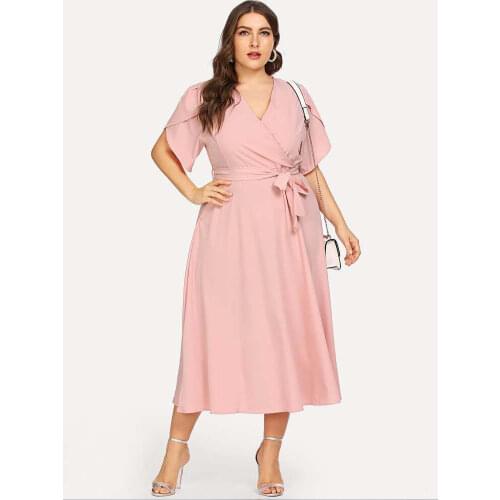 Dresses For Women 2021 Plus Size 5XL Pure Color Short Sleeved V Neck Tie Pink Slim Calf Length Casual Party High Waist Elegant
