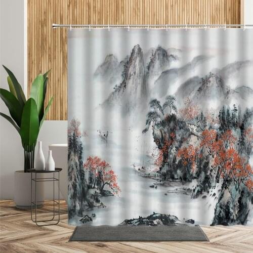 Ink Painting Scenic Shower Curtain Floral Tree Mountain Bathroom Bath Decor Modern Nordic Chinese Landscape Living Room Curtains