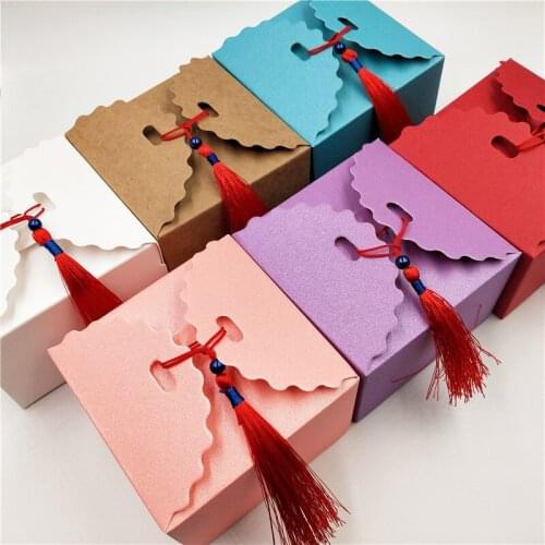 5Pcs/Lot 6 color Paper Candy Boxes +Red tassel Pure White Gift Carton Box Handmade Gift Favor Box Handmade Packaging Case Boxes