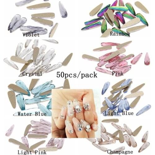 50pcs 3x10mm Glitter Strass Crystal Rhinestones For 3D Nails Art Backpack DIY Design Decorations Gold Flatback Long Water Drop